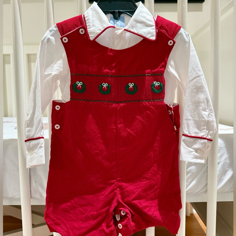 Bella Bliss Smocked Wreath John John with Shirt for Christmas or Holidays